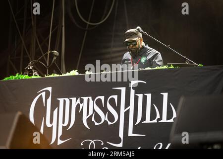 Paris, France. 26th Aug, 2023. Dj Muggs from Cypress Hill band performs on stage during the live concert. The third day of 20th edition of the French music festival Rock en Seine has been headlined by the British duo The Chemical Brothers, at Domaine National de Saint-Cloud. Credit: SOPA Images Limited/Alamy Live News Stock Photo