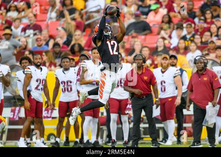 Cincinnati Bengals wide receiver Andrei Iosivas (80) getting ready for punt  coverage against the Washington Commanders during the second half of an NFL  preseason football game, Saturday, Aug. 26, 2023, in Landover