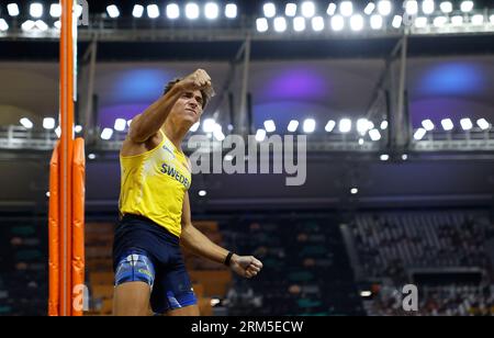 Budapest, Hungary. 26th Aug, 2023. Armand Duplantis of Sweden celebrates during the men's pole vault final at the World Athletics Championships in Budapest, Hungary, Aug. 26, 2023. Credit: Wang Lili/Xinhua/Alamy Live News Stock Photo