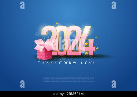 2024 new year celebration with open gift box illustration. design premium vector. Stock Vector