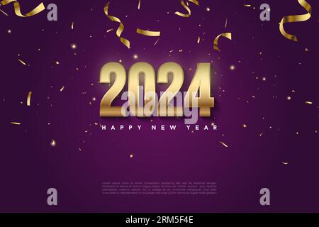 2024 new year celebration with festive gold numerals and gold ribbon. design premium vector. Stock Vector