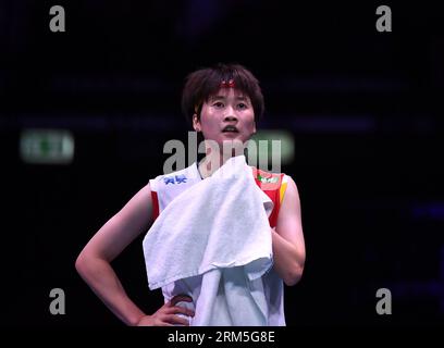 Copenhagen, Denmark. 26th Aug, 2023. Chen Yufei of China reacts during the women's singles semifinal match between Chen Yufei of China and An Se Young of South Korea at the BWF World Championships 2023 in Copenhagen, Denmark, Aug. 26, 2023. Credit: Ren Pengfei/Xinhua/Alamy Live News Stock Photo