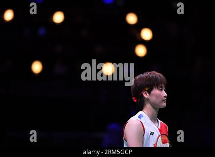 Copenhagen, Denmark. 26th Aug, 2023. Chen Yufei of China reacts during the women's singles semifinal match between Chen Yufei of China and An Se Young of South Korea at the BWF World Championships 2023 in Copenhagen, Denmark, Aug. 26, 2023. Credit: Ren Pengfei/Xinhua/Alamy Live News Stock Photo