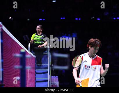 Copenhagen, Denmark. 26th Aug, 2023. Chen Yufei of China reacts during the women's singles semifinal match between Chen Yufei of China and An Se Young of South Korea at the BWF World Championships 2023 in Copenhagen, Denmark, Aug. 26, 2023. Credit: Ren Pengfei/Xinhua/Alamy Live News Stock Photo