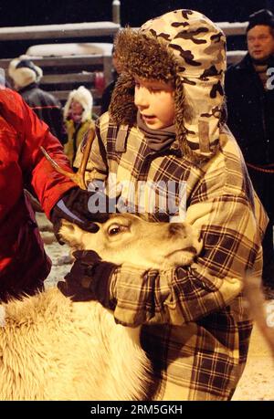 Bildnummer: 60656585  Datum: 30.10.2013  Copyright: imago/Xinhua (131030) -- INARI, Oct. 30, 2013 (Xinhua) -- A 12-year-old boy holds up a reindeer in Inari, northern Finland, Oct. 27, 2013. Sami living in Lapland recollect their reindeer every early winter. Children of those families help to board up the flock since they are about 5 years old. (Xinhua/Zhang Xuan)(zhf) FINLAND-INARI-SAMI-CHILDREN-REINDEER PUBLICATIONxNOTxINxCHN Gesellschaft Tiere x0x xsk 2013 hoch      60656585 Date 30 10 2013 Copyright Imago XINHUA  Inari OCT 30 2013 XINHUA a 12 Year Old Boy holds up a Reindeer in Inari North Stock Photo