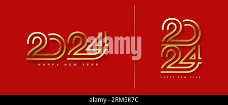 Happy new year 2024 design. With the concept of line art vector design in luxurious shiny gold. With a bold red background. Stock Vector