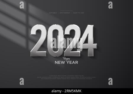 Modern Design Of Happy New Year 2024 Celebration With Numbers Stuck On The Wall Premium Design With A Shiny Silver Color Exposed To Light 2rm5kmk 