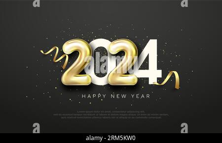 Unique happy new year 2024 design. With gold numbers, unique and modern balloons. Premium vector design for poster, banner, new year 2024 celebration Stock Vector