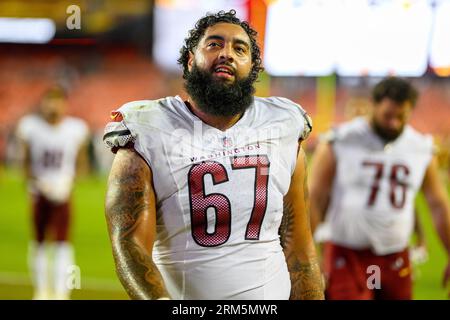 Washington Commanders offensive tackle Aaron Monteiro (67) blocks