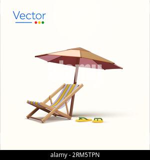 3d travel, hotel and resort, holiday tour booking banner template. Combination of wooden beach chair or sun bed, umbrella, slippers, isolated on background. Minimal 3d vector illustration. Vector illustration Stock Vector