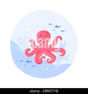 Cute cartoon pink octopus character swims in the sea near the coral reef. Fish and algae, sea and ocean inhabitants. For stickers, posters, postcards, Stock Vector