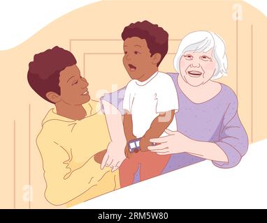 Happy international, multi-ethnic family. European grandmother and black grandchildren hug and laugh. African American loving family. Brothers, siblin Stock Vector