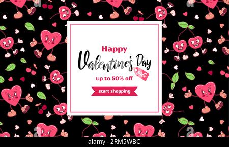 Horizontal banner for Valentines Day. A couple of cherries in love, coffee mug, heart. Trendy old retro cartoon style. neon colors, black background. Stock Vector