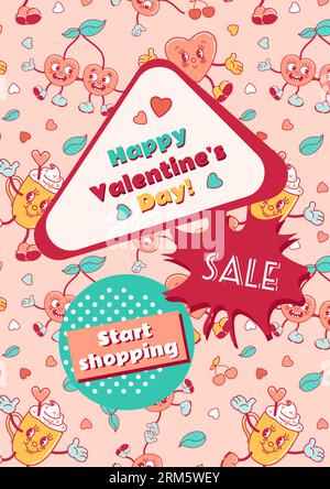 Vertical banner for Valentines Day. A couple of cherries in love, coffee mug, heart. Trendy old retro cartoon style. In pastel colors. For advertising Stock Vector