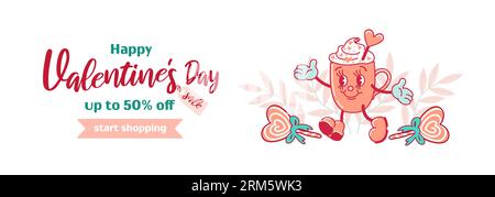 Horizontal banner for Valentines Day. Coffee mug with whipped cream dancing and smiling, heart lollipop. Comic elements in trendy old retro cartoon st Stock Vector