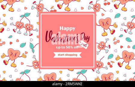 Horizontal banner for Valentines Day. A couple of cherries in love, coffee mug, heart. Trendy old retro cartoon style. On white background. For advert Stock Vector