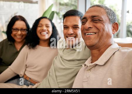 Happy family, portrait and selfie in photography, weekend bonding or break in relax on living room sofa at home. Parents and grandparents smile in Stock Photo