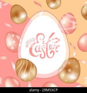 Happy easter. Golden and pink chocolate eggs. Pattern in the form of stars, stripes, waves. Vintage lettering. For posters, postcards, advertising ban Stock Vector