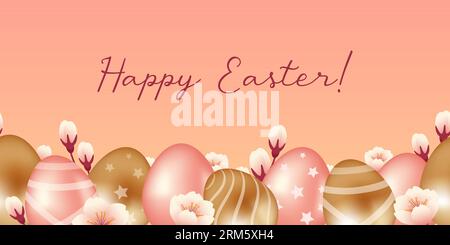 happy easter. Golden and pink chocolate eggs with stars and stripes. apple or cherry flowers. Seamless border. Vector illustration realistic style. Fo Stock Vector