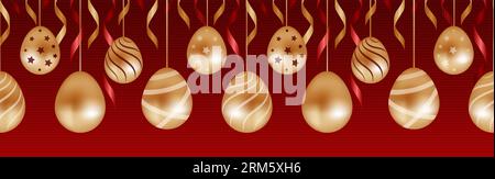 Happy easter. Golden and red, garland of chocolate eggs with stars and stripes, ribbons. Seamless border. Vector illustration realistic style. For web Stock Vector