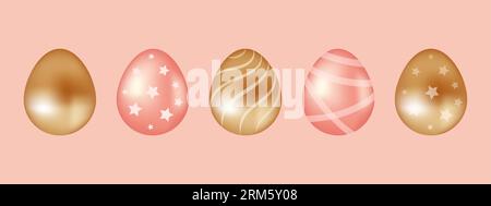 Happy easter. Set of golden and pink chocolate eggs. Pattern in the form of stars, stripes, waves. Vector illustration in realistic style. For sticker Stock Vector