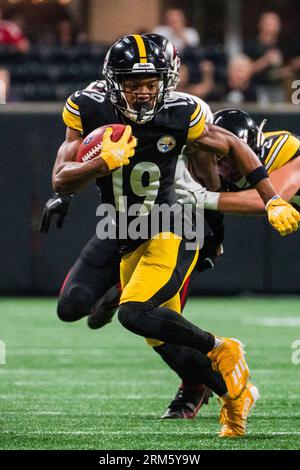 Pittsburgh Steelers wide receiver Calvin Austin III (19) fields a punt  during the first half of an NFL preseason football game against the Atlanta  Falcons, Thursday, Aug. 24, 2023, in Atlanta. The