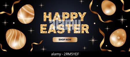 Happy easter. Horizontal vector illustration for sale, realistic style. Golden chocolate eggs. Pattern in the form of stars, stripes. Glitter letterin Stock Vector