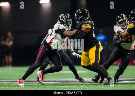 Pittsburgh Steelers number one draft pick, offensive tackle Broderick Jones  (77), warms up during the NFL football team's rookie minicamp in Pittsburgh  Friday, May 12, 2023. (AP Photo/Gene J. Puskar Stock Photo - Alamy