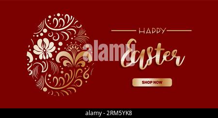 Happy easter. Egg with pattern in Russian Khokhloma style. Traditional botanical folk drawing. Horizontal vector banner. Gold on red. Vintage illustra Stock Vector