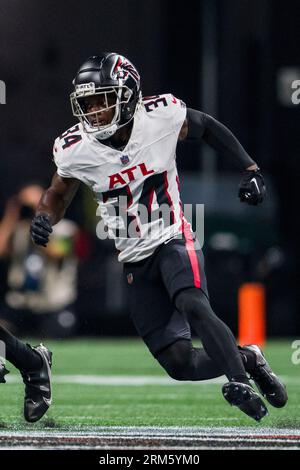 Atlanta Falcons cornerback Clark Phillips III (34) works during the first  half of an NFL preseason football game against the Pittsburgh Steelers,  Thursday, Aug. 24, 2023, in Atlanta. The Pittsburgh Steelers won