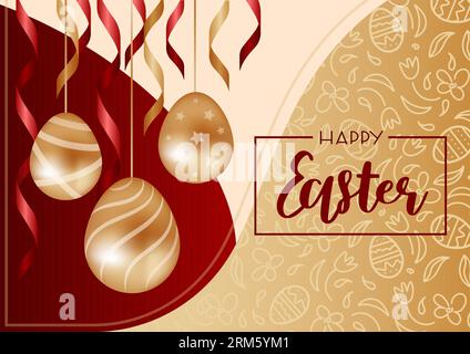 Happy easter. Horizontal vector illustration for sale, realistic style. Golden and red, chocolate eggs. Pattern in the form of stars, stripes, waves. Stock Vector