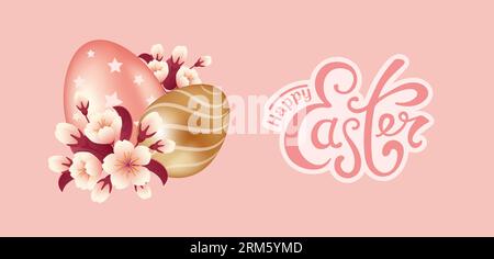 Happy easter. Horizontal vector banner, realistic style. Golden and pink chocolate eggs, cherry blossom. Vintage lettering. For posters, postcards, ad Stock Vector