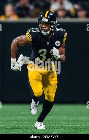 Pittsburgh Steelers running back Xazavian Valladay (33) works during the  first half of an NFL preseason football game against the Atlanta Falcons,  Thursday, Aug. 24, 2023, in Atlanta. The Pittsburgh Steelers won