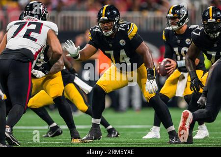 Pittsburgh Steelers guard Spencer Anderson (74) works during the second  half of an NFL preseason football game against the Atlanta Falcons,  Thursday, Aug. 24, 2023, in Atlanta. The Pittsburgh Steelers won 24-0. (