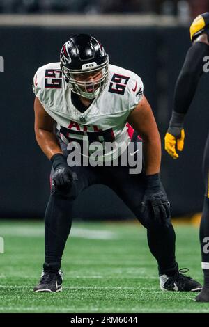 Atlanta Falcons offensive tackle Barry Wesley (69) works during the second  half of an NFL preseason football game against the Pittsburgh Steelers,  Thursday, Aug. 24, 2023, in Atlanta. The Pittsburgh Steelers won