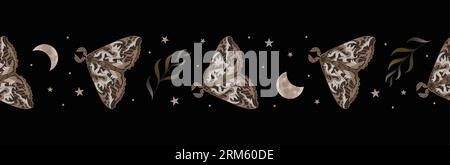 Moth, phases of the moon and stars, herbs. Seamless border, vector illustration in realistic style. Halloween, magic, witchcraft, astrology, mysticism Stock Vector