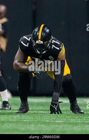 Atlanta Falcons defensive end Zach Harrison (96) works during the first  half of an NFL preseason football game against the Pittsburgh Steelers,  Thursday, Aug. 24, 2023, in Atlanta. The Pittsburgh Steelers won