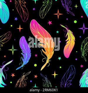 Feathers seamless bright gradient pattern in modern style. Stars and space in neon colors. Tribal theme, 90s, hippie, psychedelic, dream catchers, boh Stock Vector