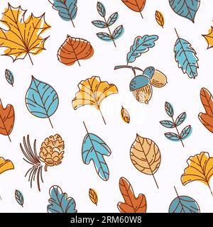 Bright modern autumn pattern. Colorful leaves. Maple, ginkgo biloba, linden, lilac, mountain ash. Acorn and cedar cone. Doodle style. For wallpaper, p Stock Vector