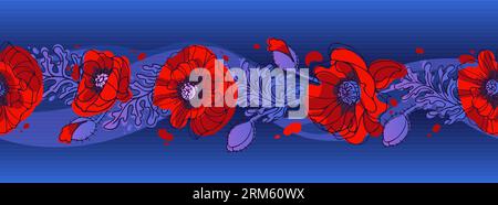Psychedelic magic poppy border. 60s hippie, colorful flowers. Bright summer illustration in sketch style with papaver buds. For wallpaper, printing on Stock Vector