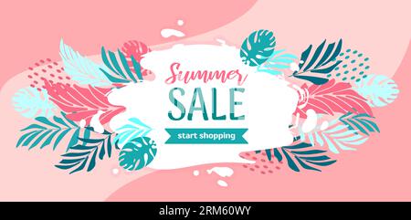 Bright horizontal banner for summer sale. Tropical ethnic plant motif. Monstera and palm leaves. Coral and aquamarine. Grunge white spot. For advertis Stock Vector