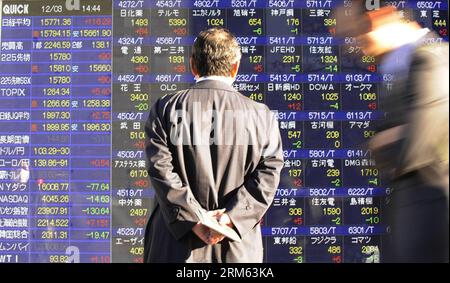 Bildnummer: 60787017  Datum: 03.12.2013  Copyright: imago/Xinhua     (131203) -- TOKYO, Dec. 3, 2013 (Xinhua) -- A pedestrian walks past an electronic board showing the stock index in Tokyo, Japan, Dec. 3, 2013. Tokyo stocks closed higher on Tuesday with Nikkei hitting a fresh six-year closing high as buying was spurred by a weakening yen and growing expectations of additional monetary easing by the Bank of Japan. The 225-issue Nikkei Stock Average ended up 94.59 points, or 0. 60 percent, from Monday at 15,749.66, its highest closing since Dec. 12, 2007. (Xinhua) JAPAN-TOKYO-NIKKEI INDEX PUBLI Stock Photo