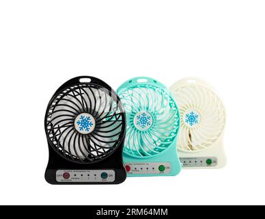 Black, blue and black portable small fan on a white background Stock Photo