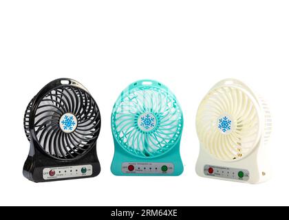 Portable rechargeable small fans on white isolated background Stock Photo