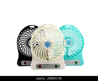 Rechargeable and portable fans for travel on white isolated background Stock Photo