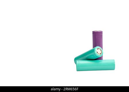 Cylindrical rechargeable batteries for power storage for electrical appliances and devices on white background with copy space. Stock Photo