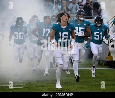 Jacksonville Jaguars linebacker Caleb Johnson (57) during the national  anthem before an NFL pre-season football game against the Miami Dolphins,  Saturday, Aug. 26, 2023, in Jacksonville, Fla. The Jaguars defeated the  Dolphins