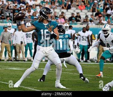 Jacksonville Jaguars linebacker Caleb Johnson (57) leaves the field after  an NFL pre-season football game against the Miami Dolphins, Saturday, Aug.  26, 2023, in Jacksonville, Fla. The Jaguars defeated the Dolphins 31-18. (