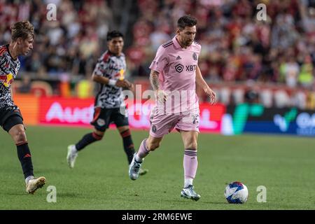 Lionel Messi (10) of Inter Miami controls ball during MLS regular season match against Red Bulls at Red Bull Arena in Harrison, New Jersey on August 26, 2023 Stock Photo