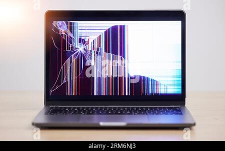 Screen crack, glitch and laptop problem with error, mistake and system warning with tech break. Isolated, computer and desktop failure from monitor Stock Photo